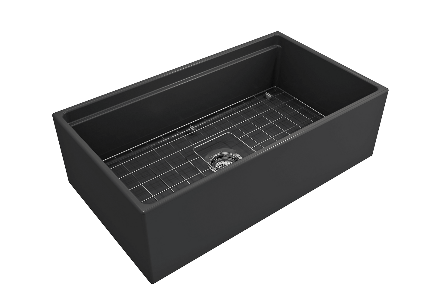 Side angle of matte dark gray BOCCHI CONTEMPO 33" Fireclay Farmhouse sink highlighting center drain, chrome strainer and stainless steel bottom grid