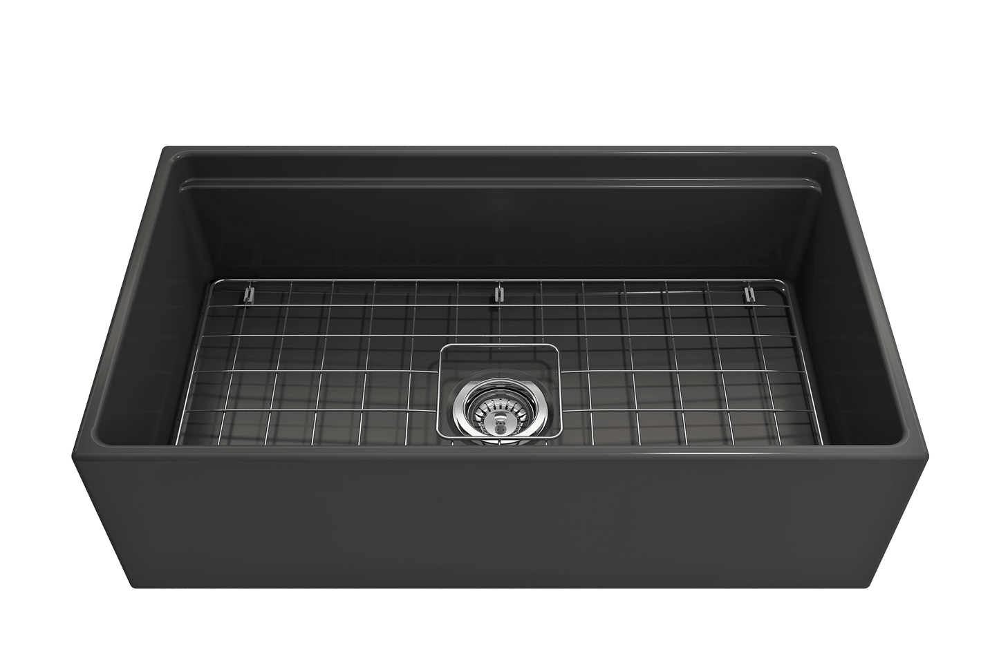 Front view of matte dark gray BOCCHI CONTEMPO 33" Fireclay farmhouse sink showing chrome strainer and stainless steel bottom grid