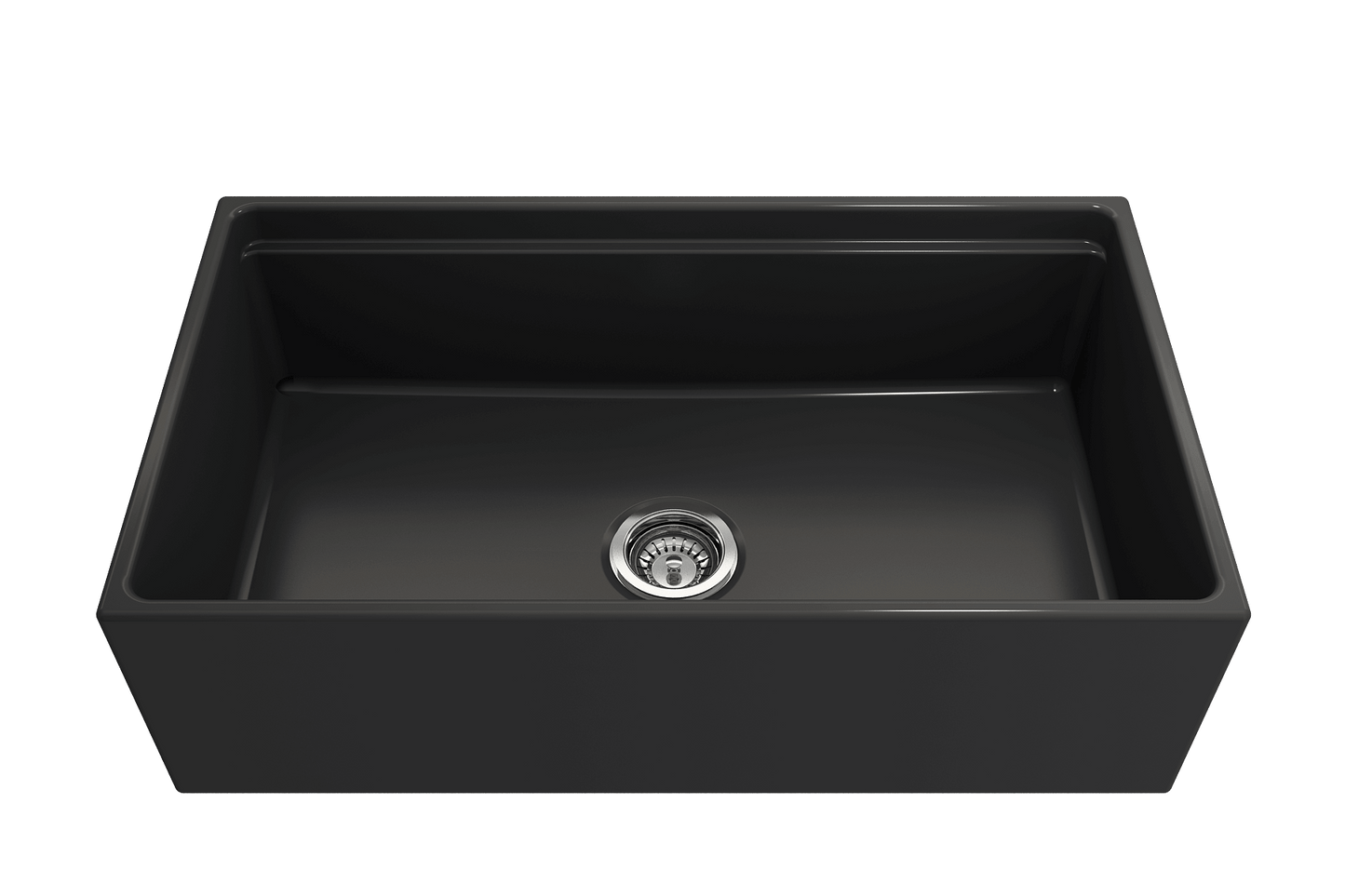 Front view of matte dark gray BOCCHI CONTEMPO 33" Fireclay farmhouse sink showing chrome strainer.