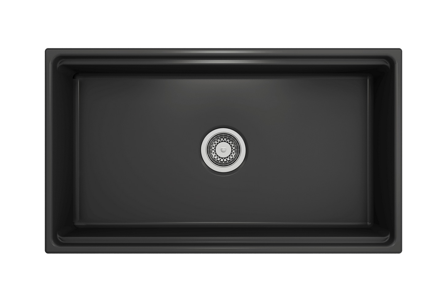 Top-down perspective of matte dark gray BOCCHI Contempo 33 inch fireclay sink with workstation ledge, showing center drain placement.