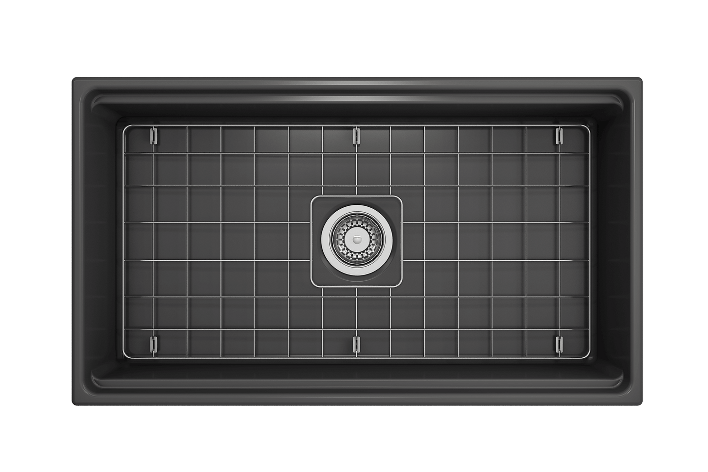 Top-down perspective of matte dark gray BOCCHI Contempo 33 inch fireclay sink with workstation ledge and stainless steel bottom grid.