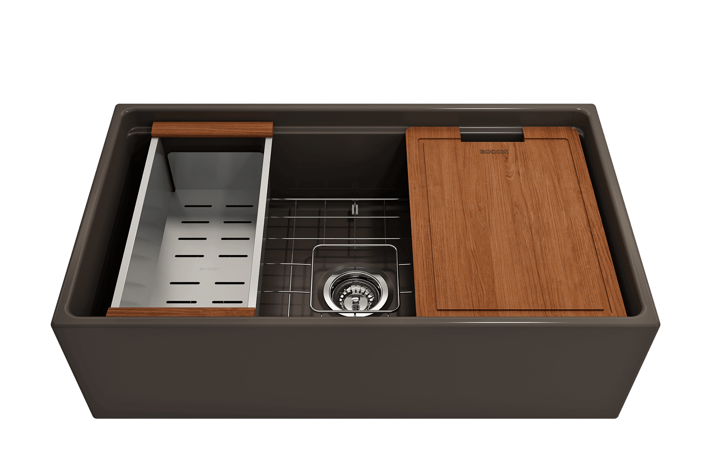 Front view of BOCCHI Contempo 33" Matte Brown fireclay sink with workstation ledge and accessories