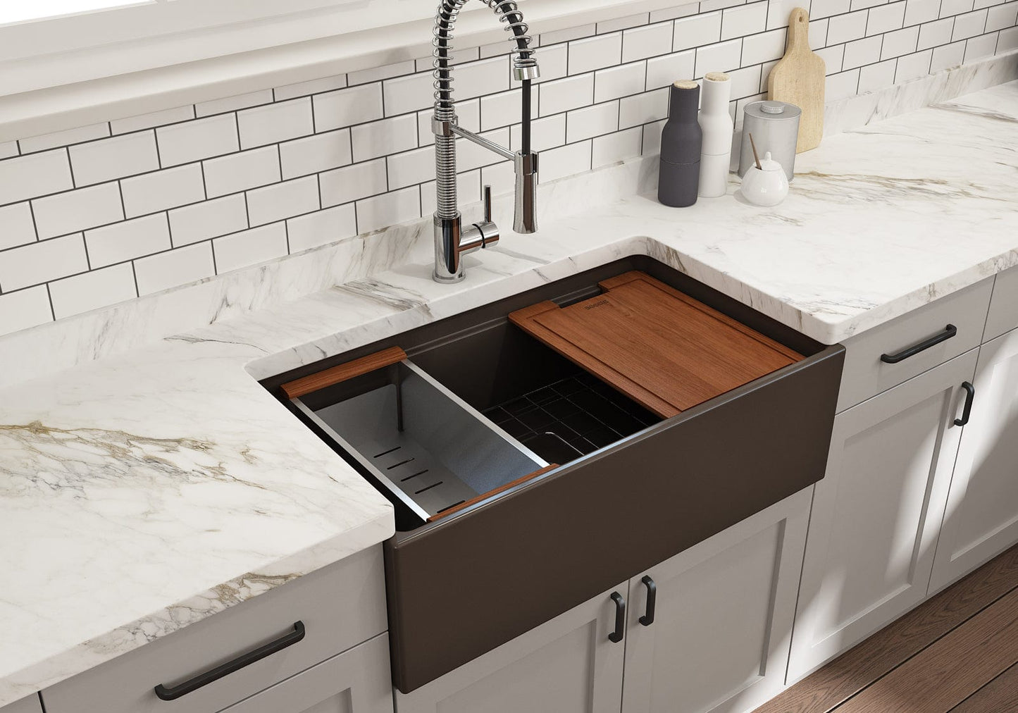 BOCCHI CONTEMPO 33" Step Rim With Integrated Work Station Fireclay Farmhouse Single Bowl Kitchen Sink with Accessories - Matte Brown