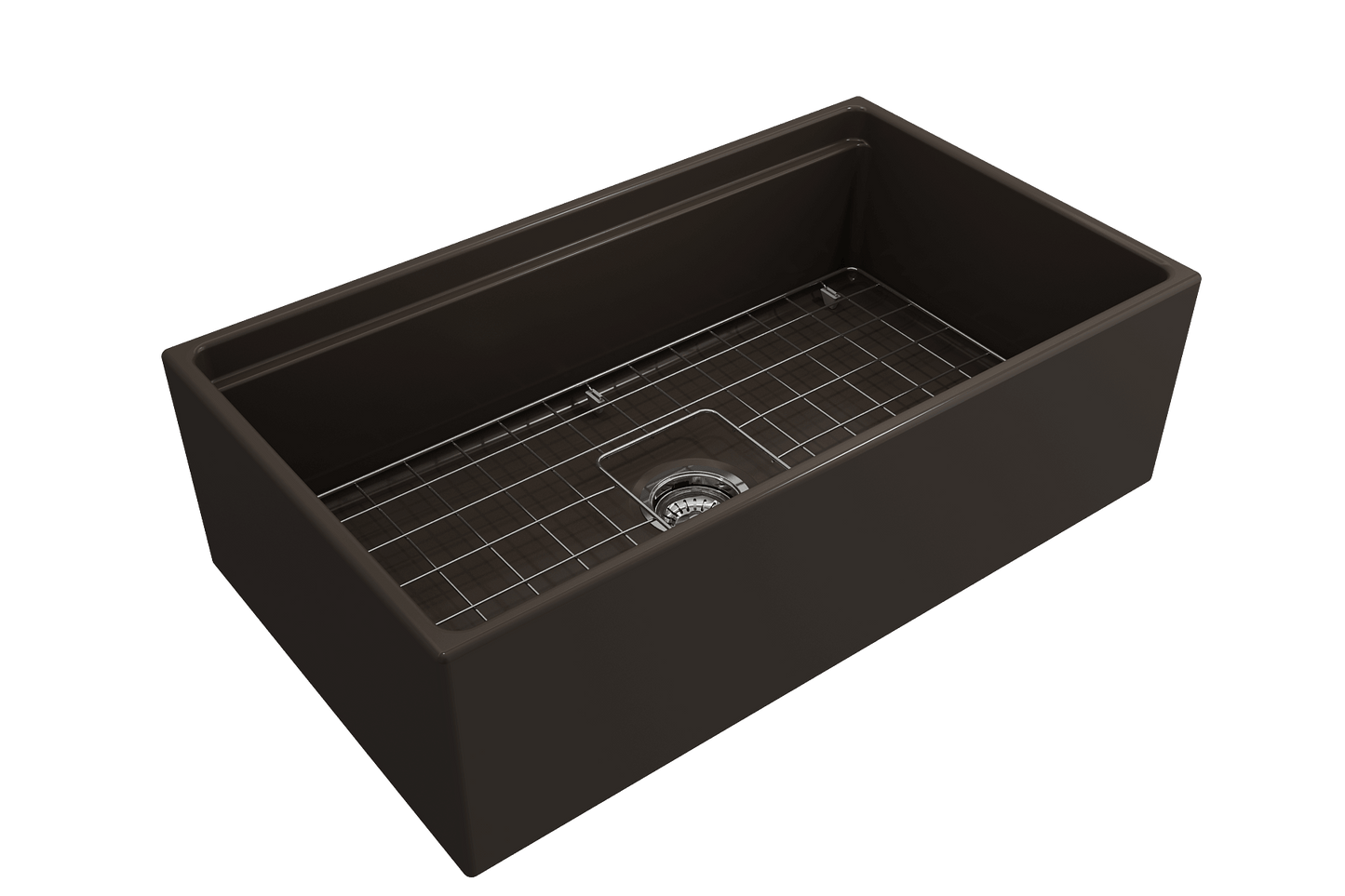 Side angle of Matte Brown BOCCHI CONTEMPO 33" Fireclay Farmhouse sink highlighting center drain, chrome strainer and stainless steel bottom grid