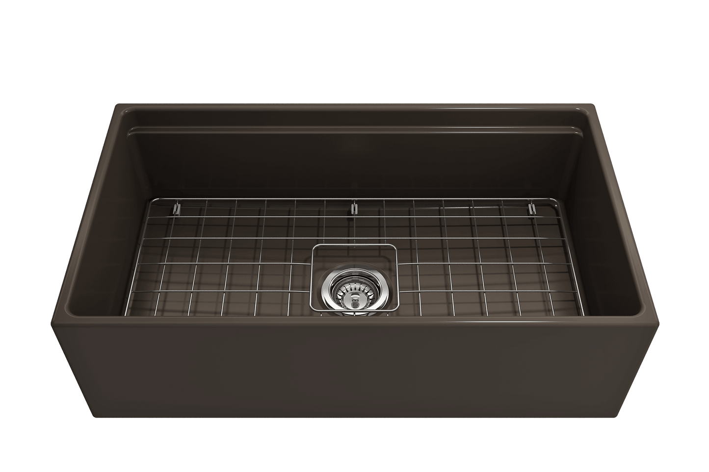 Front view of Matte Brown BOCCHI CONTEMPO 33" Fireclay farmhouse sink showing chrome strainer and stainless steel bottom grid