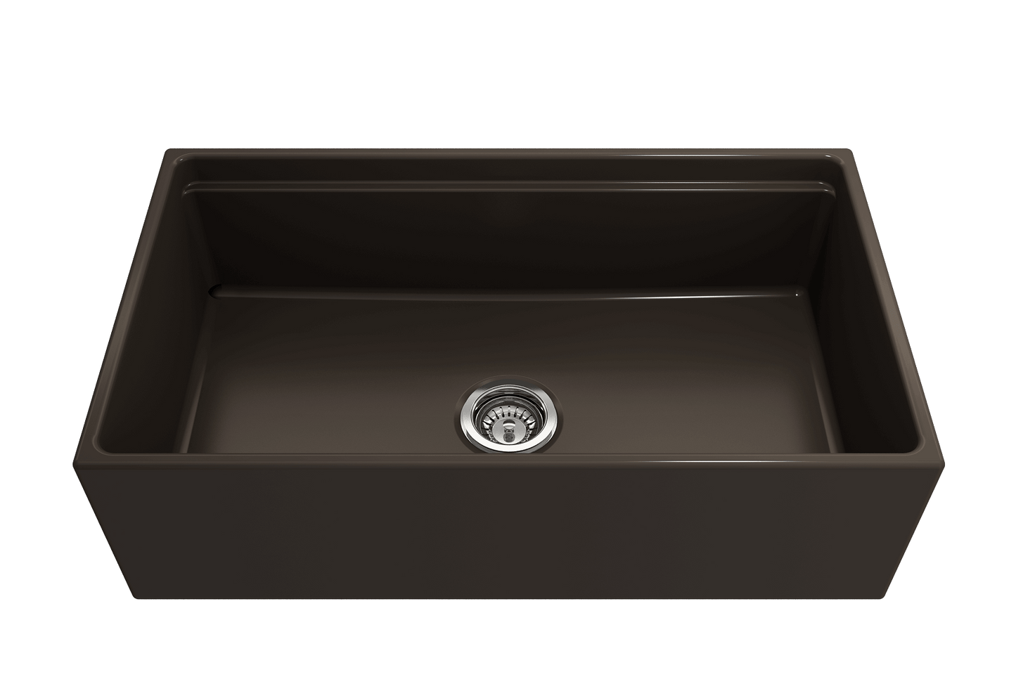 Front view of Matte Brown BOCCHI CONTEMPO 33" Fireclay farmhouse sink showing chrome strainer.