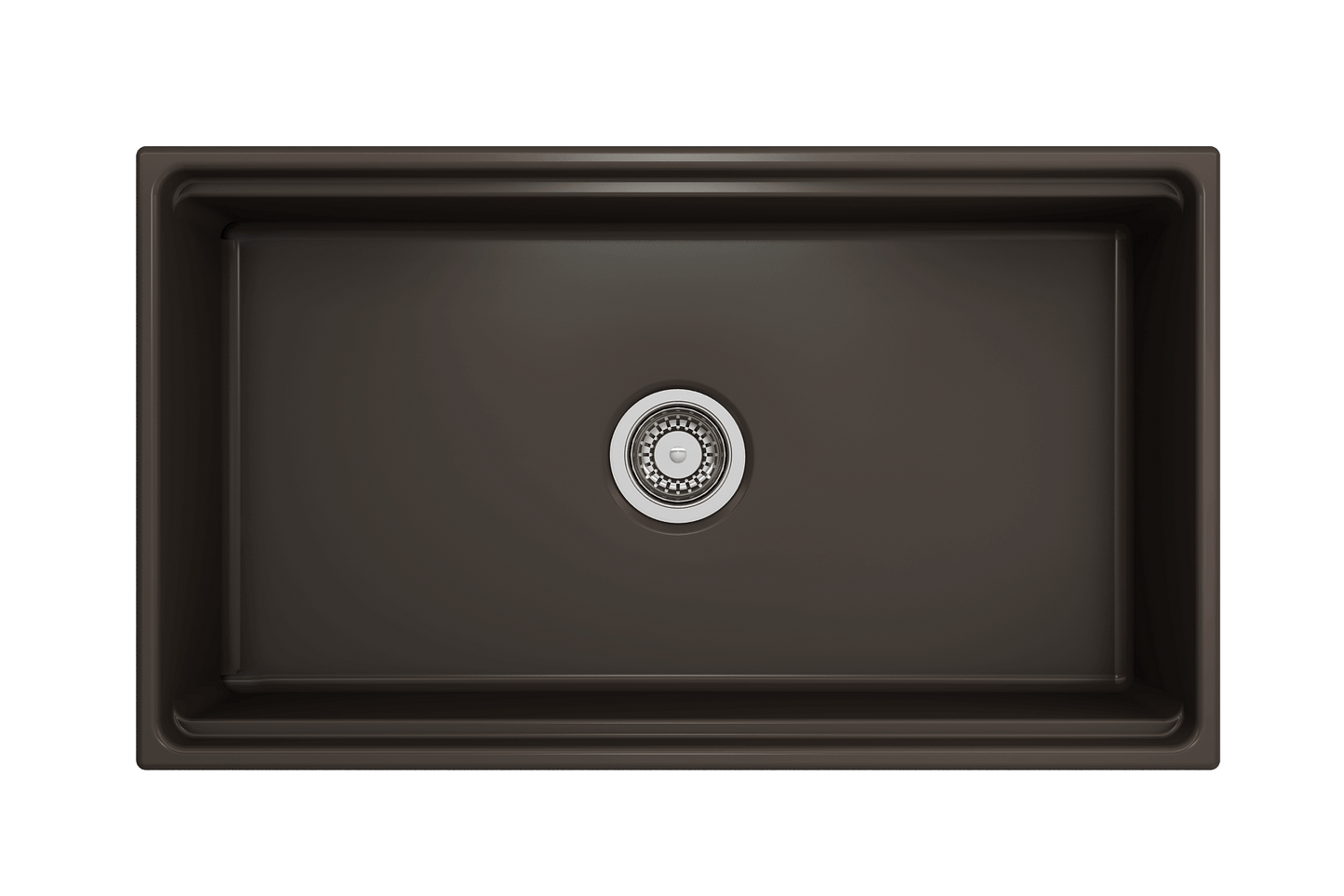 Top-down perspective of Matte Brown BOCCHI Contempo 33 inch fireclay sink with workstation ledge, showing center drain placement.