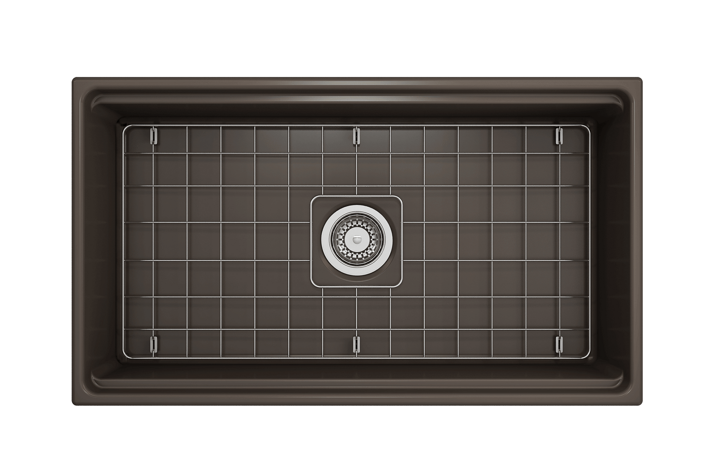 Top-down perspective of Matte Brown BOCCHI Contempo 33 inch fireclay sink with workstation ledge and stainless steel bottom grid.