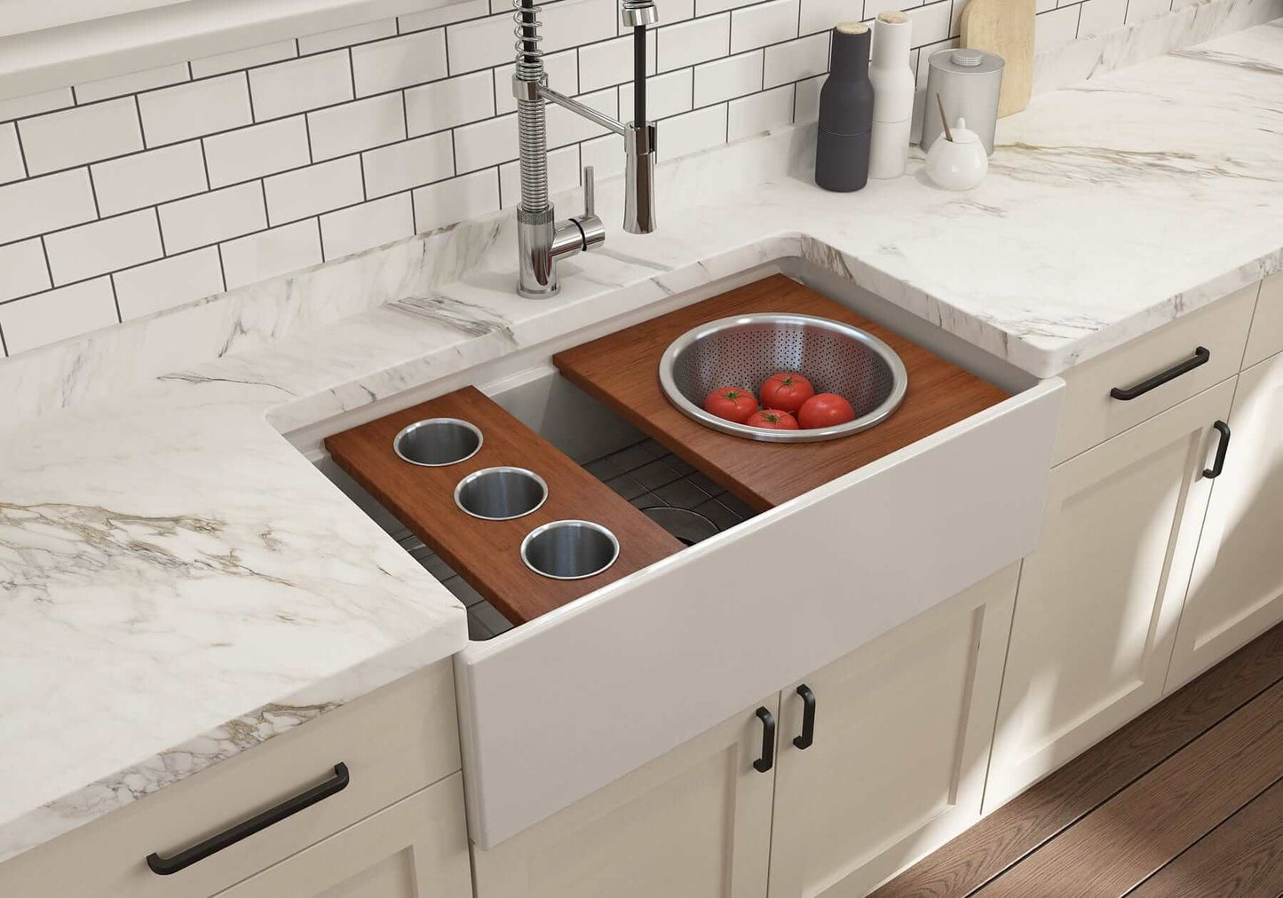BOCCHI Prep Board Set for Workstation Sinks - Round SS Mixing Bowl & Colander - 2320 0015 in a modern kitchen sink.