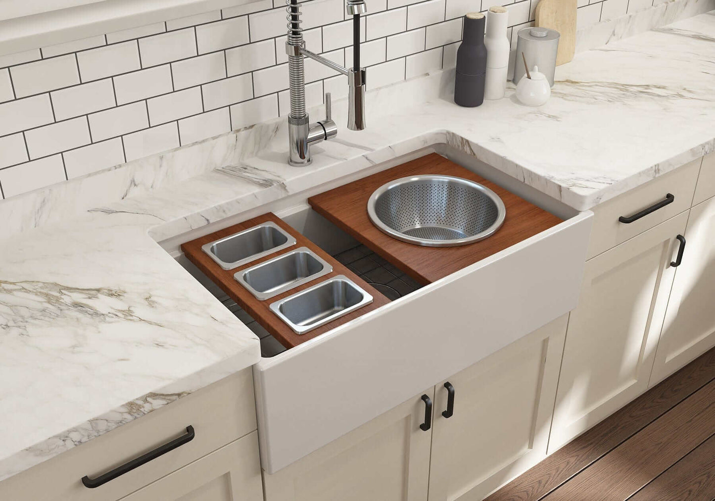 BOCCHI Prep Board Set for Workstation Sinks - Round SS Mixing Bowl & Colander - 2320 0015 displayed in a modern kitchen sink.
