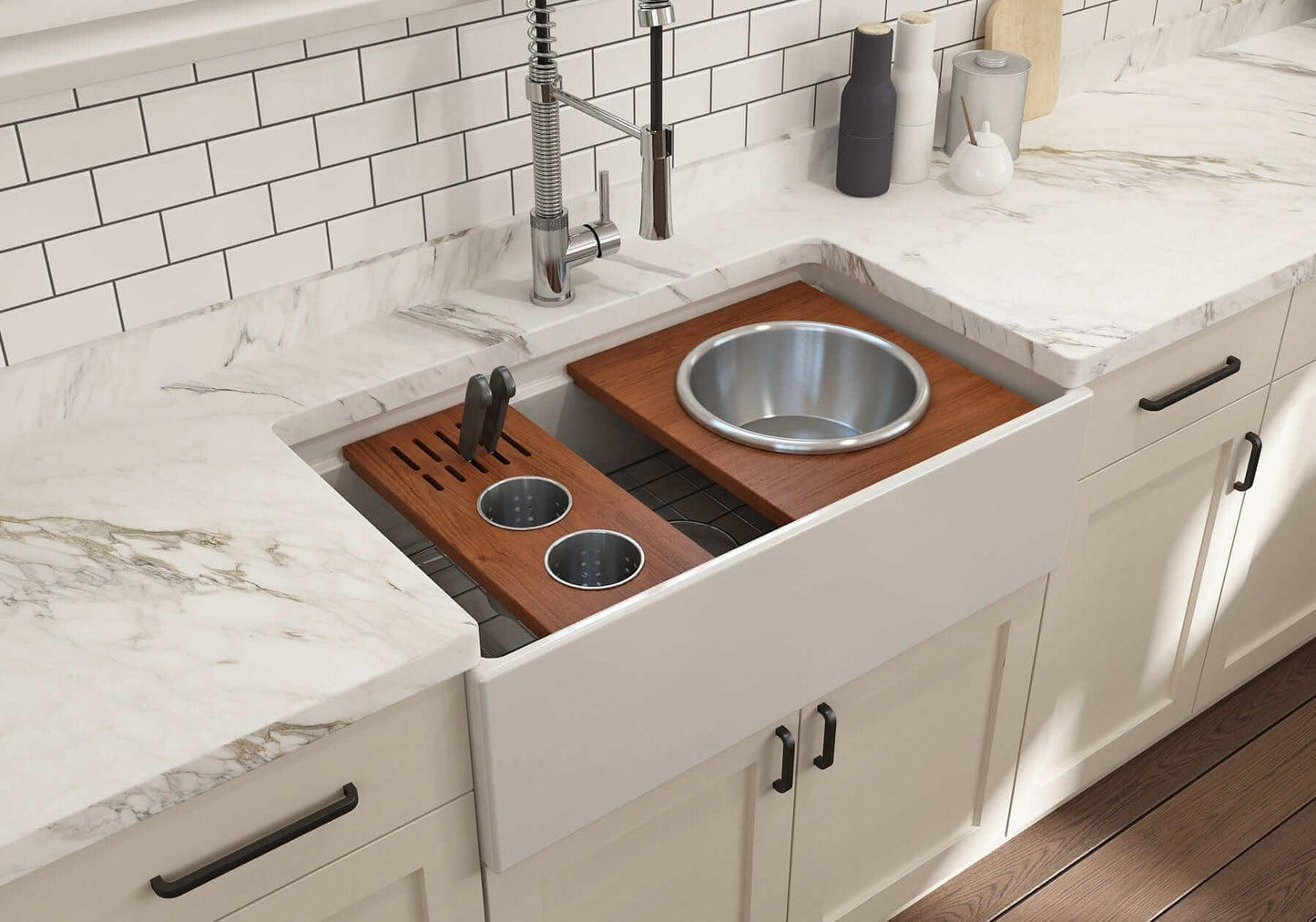 BOCCHI Prep Board Set for Workstation Sinks - Round SS Mixing Bowl & Colander - 2320 0015 showcasing elegant kitchen setup