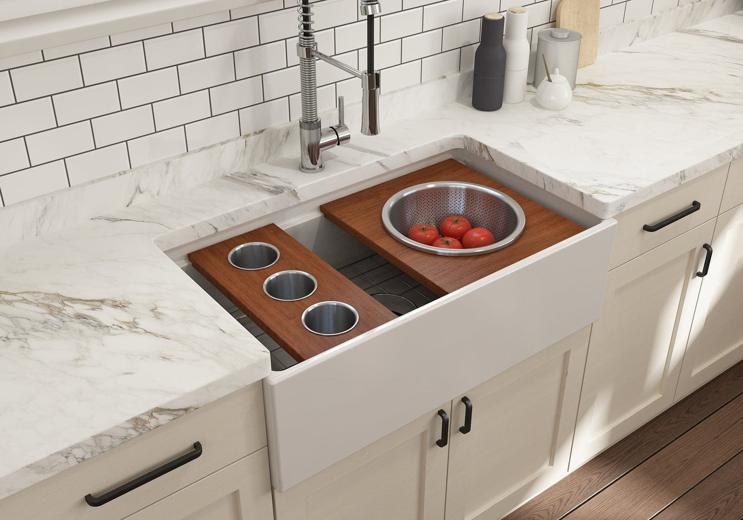 BOCCHI Prep Board Set for Workstation Sinks with 3 Round Stainless Steel Bowls 2320 0011 in a modern kitchen sink setting.