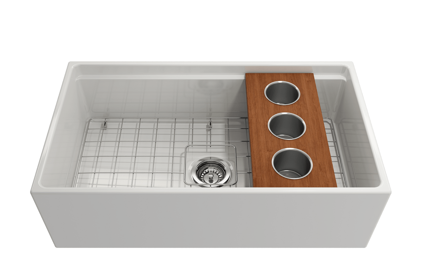 BOCCHI Prep Board Set for Workstation Sinks with 3 Round Stainless Steel Bowls 2320 0011 displayed on a kitchen sink.
