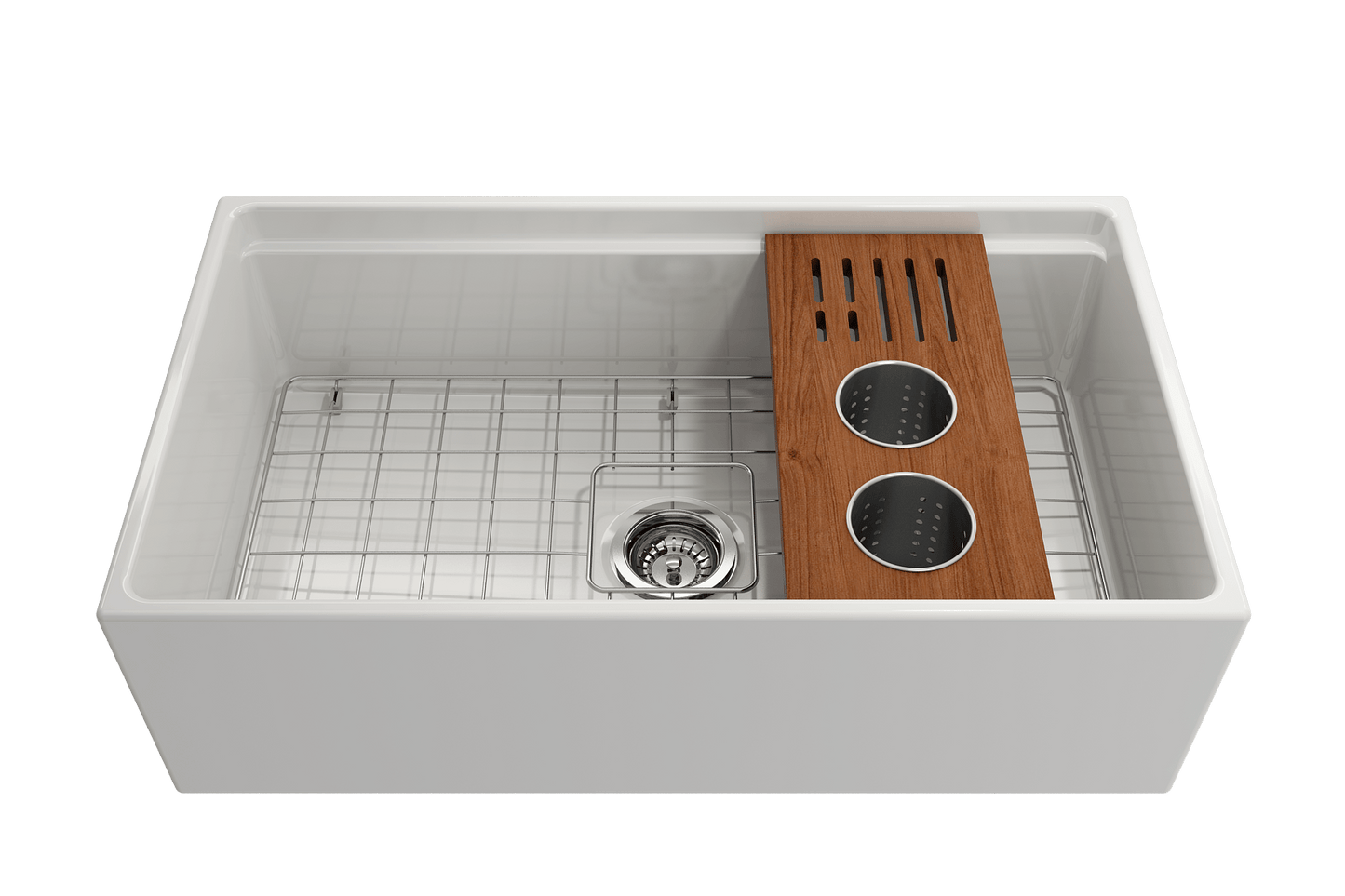 BOCCHI Workstation Prep Board Set - 2 Round Stainless Steel Colanders & Knife Holder 2320 0009 in white sink with wooden cutting board.