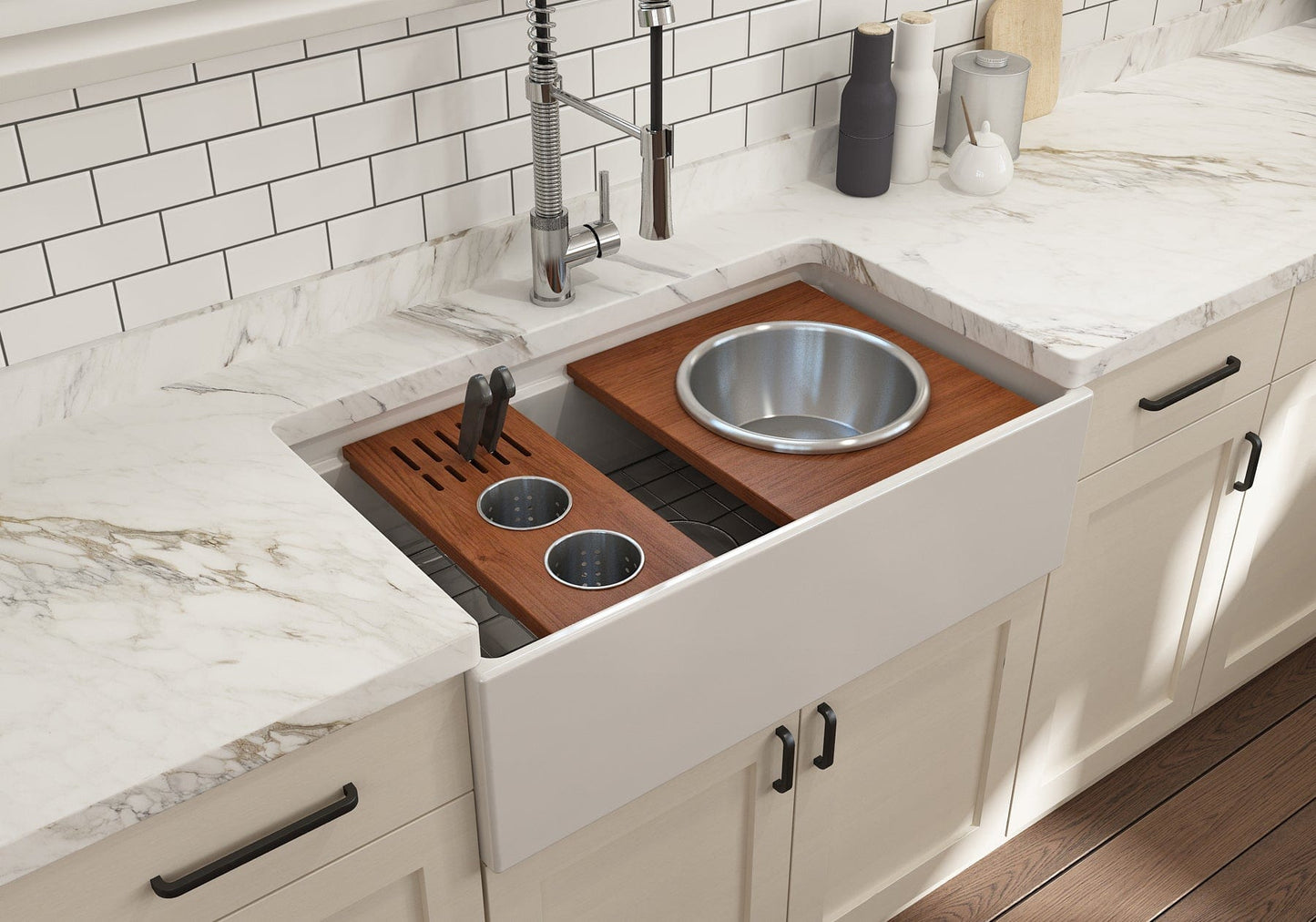 BOCCHI Workstation Prep Board Set - 2 Round Stainless Steel Colanders & Knife Holder 2320 0009 in elegant hardwood finish.