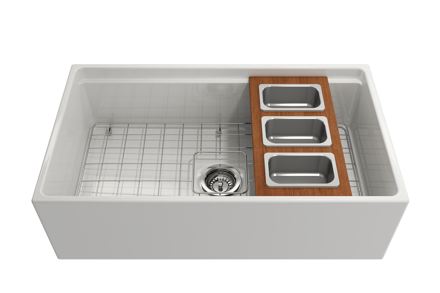Bocchi Wood Board for Workstation Sinks - with 3 Rectangular Stainless Steel Bowls - 2320 0013 in a modern kitchen sink.