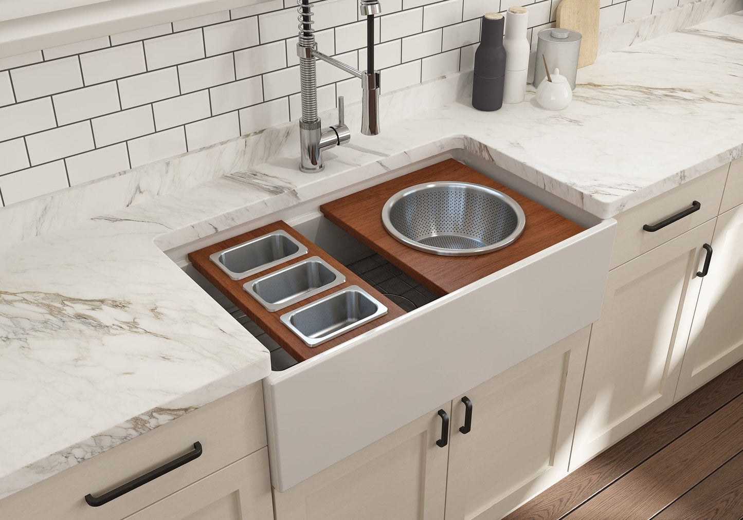 Bocchi Wood Board for Workstation Sinks - with 3 Rectangular Stainless Steel Bowls - 2320 0013 in modern kitchen setting.