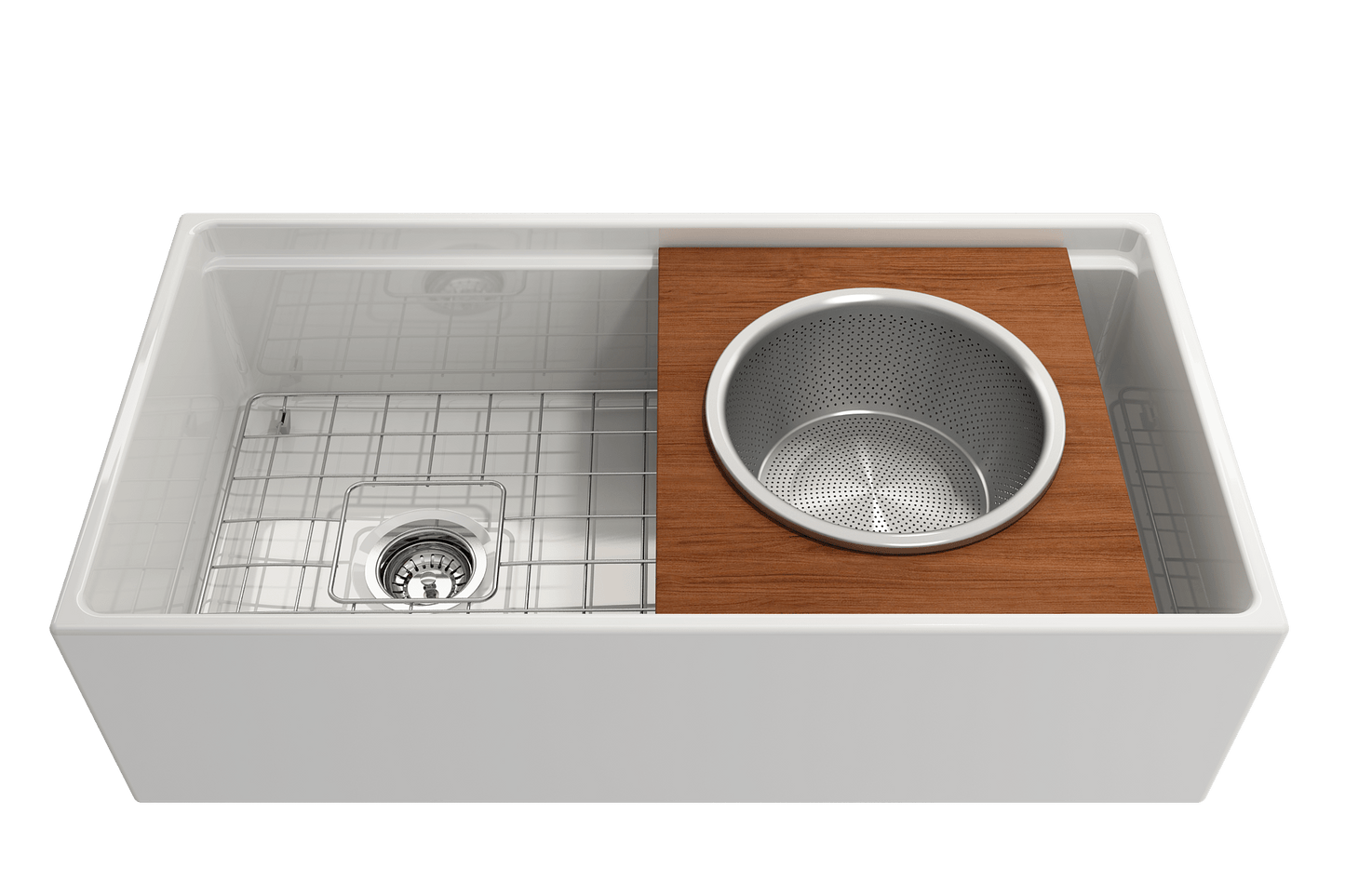 BOCCHI Prep Board Set for Workstation Sinks - Round SS Mixing Bowl & Colander - 2320 0015 displayed in a kitchen sink.