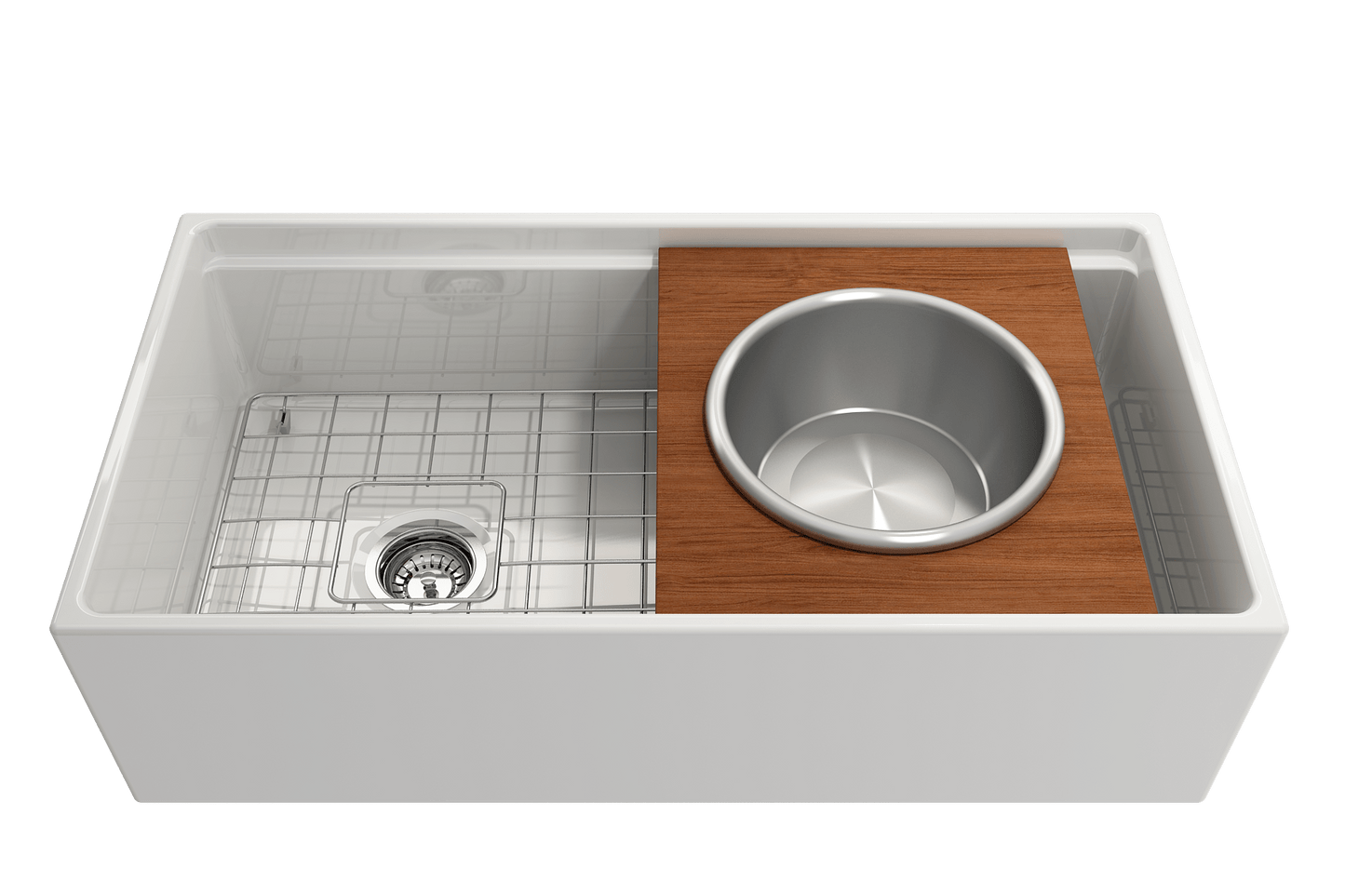 BOCCHI Prep Board Set for Workstation Sinks - Round SS Mixing Bowl & Colander - 2320 0015 in a kitchen sink setting.