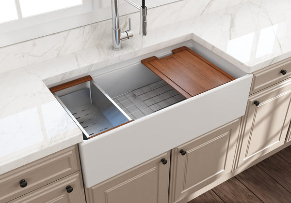 BOCCHI CONTEMPO 36 Step Rim With Integrated Work Station Fireclay Farmhouse Single Bowl Kitchen Sink with Accessories - Matte White