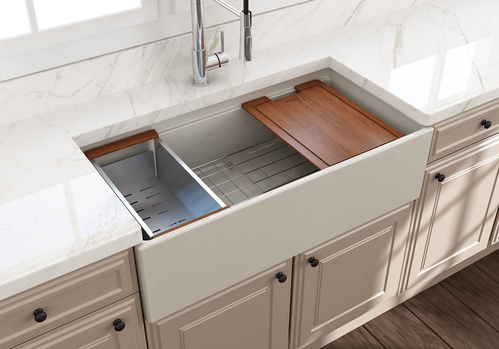 BOCCHI CONTEMPO 36" Step Rim With Integrated Work Station Fireclay Farmhouse Single Bowl Kitchen Sink with Accessories - Biscuit