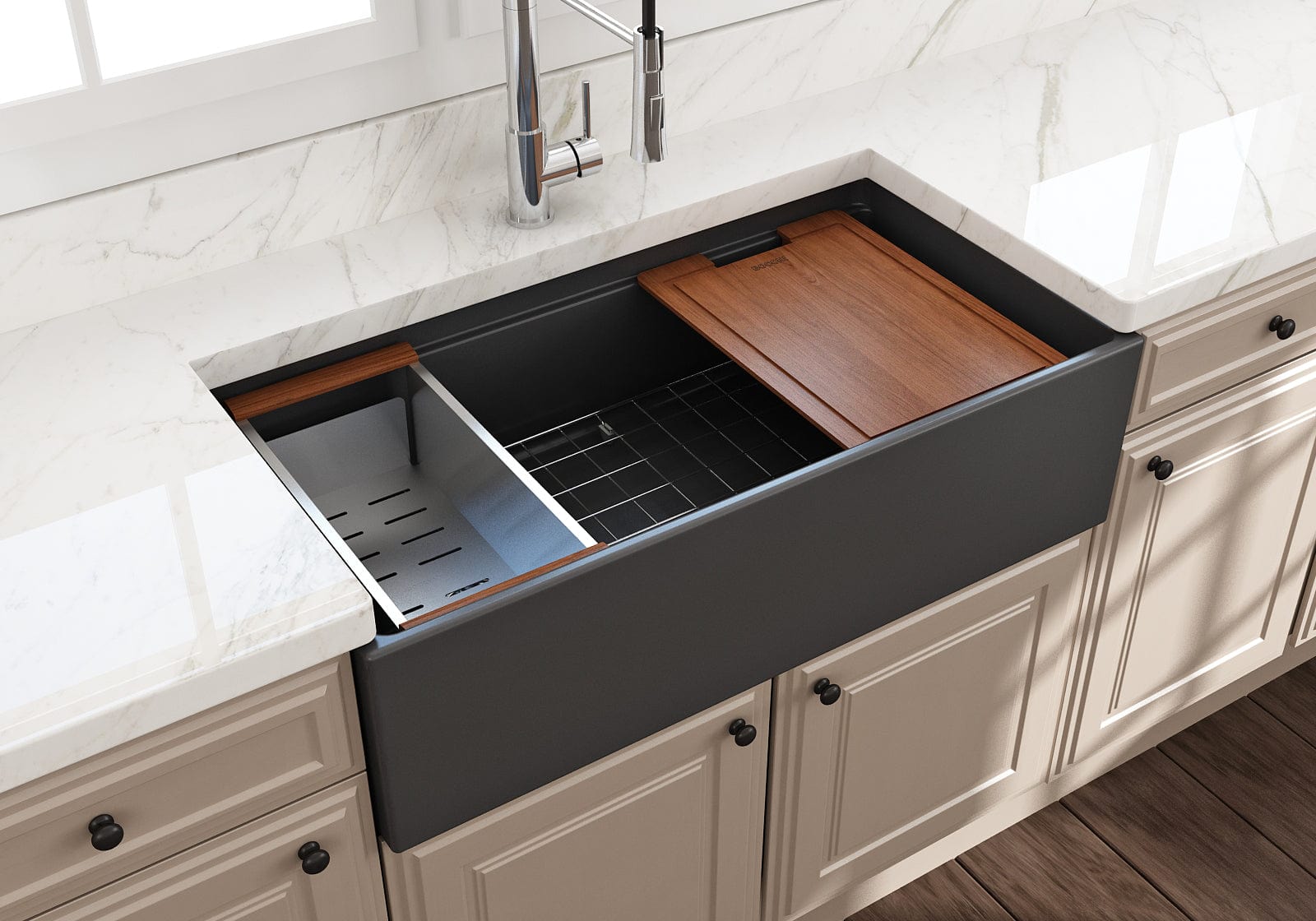 BOCCHI CONTEMPO 36" Step Rim With Integrated Work Station Fireclay Farmhouse Single Bowl Kitchen Sink with Accessories - Matte Dark Gray