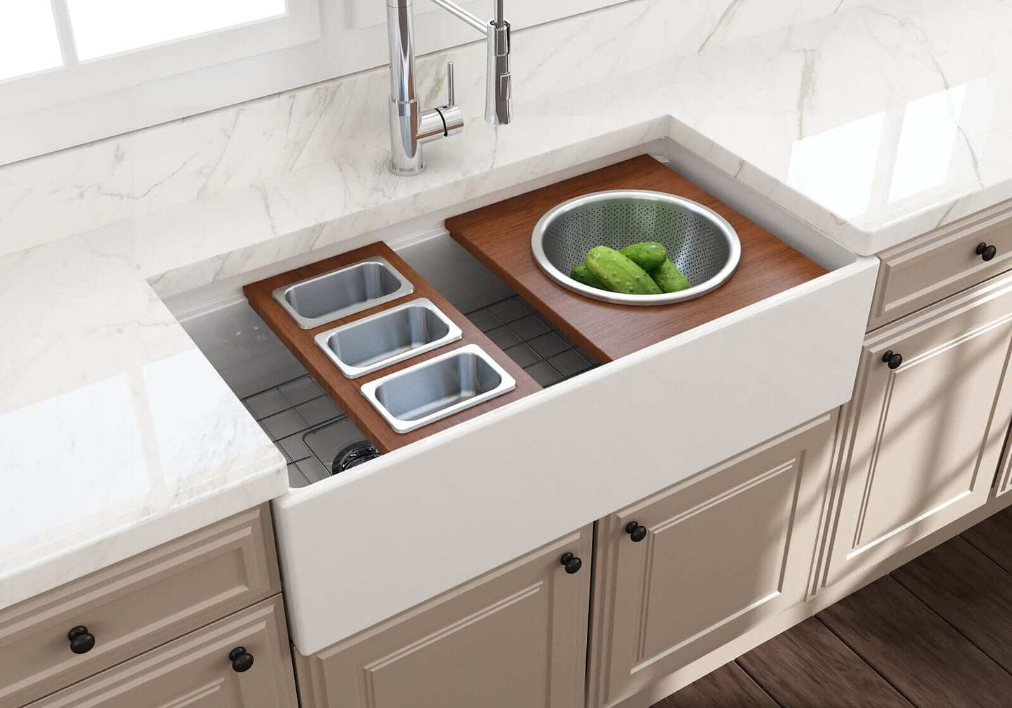 BOCCHI Prep Board Set for Workstation Sinks - Round SS Mixing Bowl & Colander - 2320 0015 installed in a stylish kitchen sink.