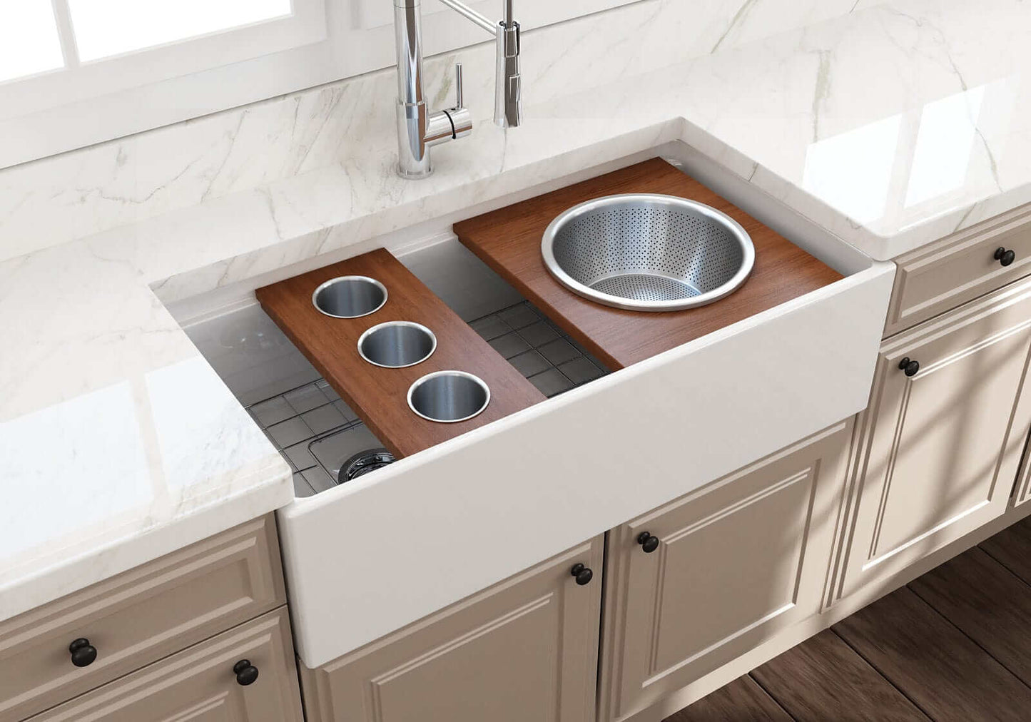BOCCHI Prep Board Set for Workstation Sinks - Round SS Mixing Bowl & Colander - 2320 0015 in a kitchen sink.