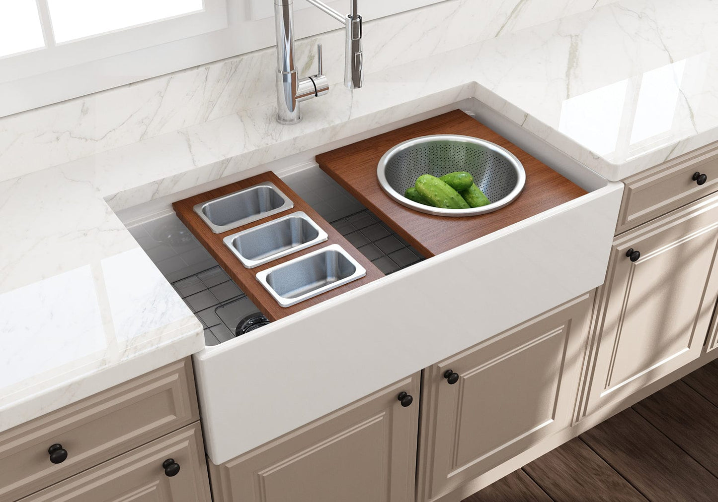 Bocchi Wood Board for Workstation Sinks - with 3 Rectangular Stainless Steel Bowls - 2320 0013 on a kitchen countertop.