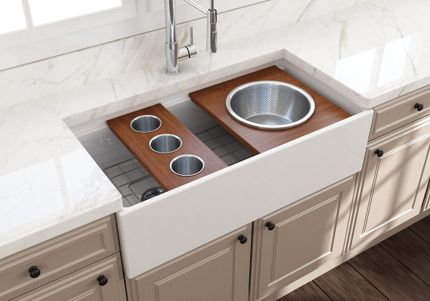 BOCCHI Prep Board Set for Workstation Sinks with 3 Round Stainless Steel Bowls 2320 0011 on elegant kitchen countertop.