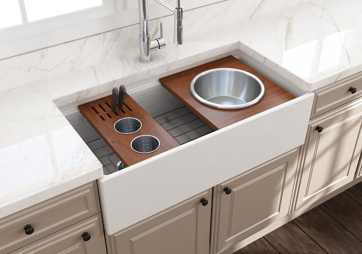 BOCCHI Workstation Prep Board Set - 2 Round Stainless Steel Colanders & Knife Holder 2320 0009 with hardwood and sink integration.
