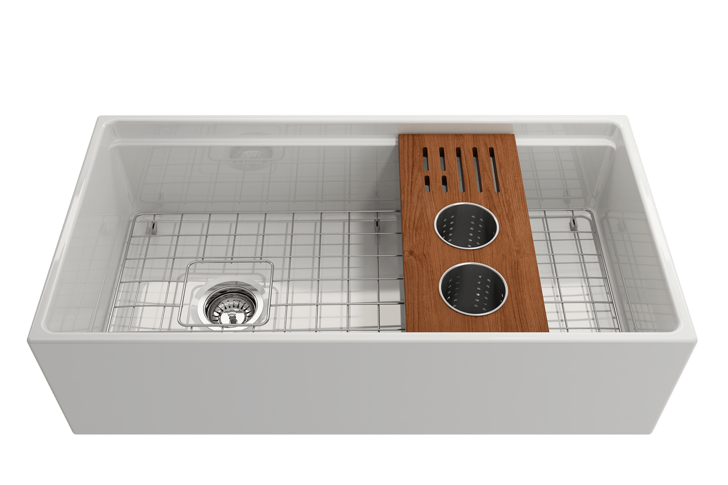 BOCCHI Workstation Prep Board Set - 2 Round Stainless Steel Colanders & Knife Holder 2320 0009 with hardwood and white sink.
