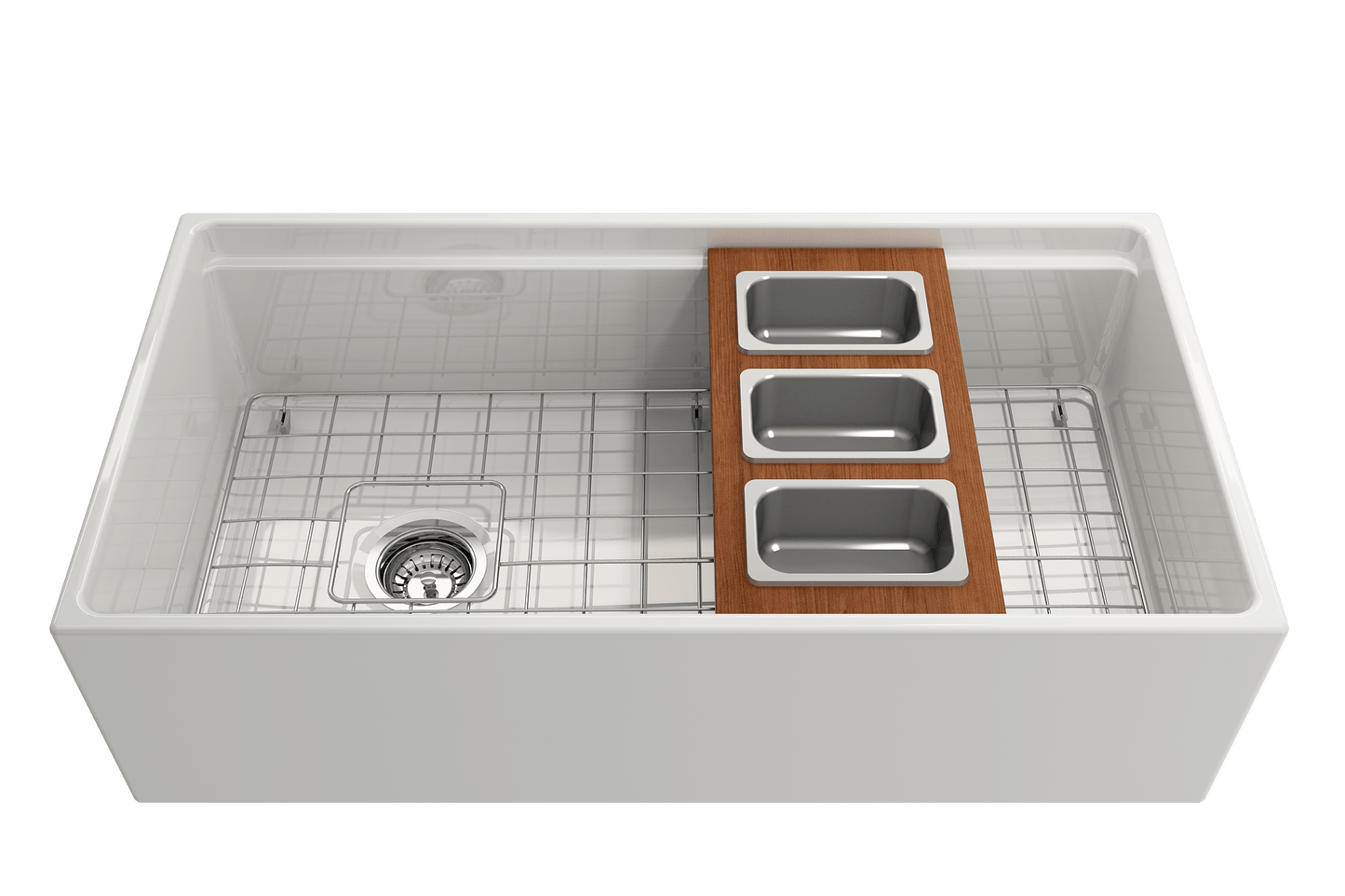 Bocchi Wood Board for Workstation Sinks - with 3 Rectangular Stainless Steel Bowls - 2320 0013 on a kitchen sink.