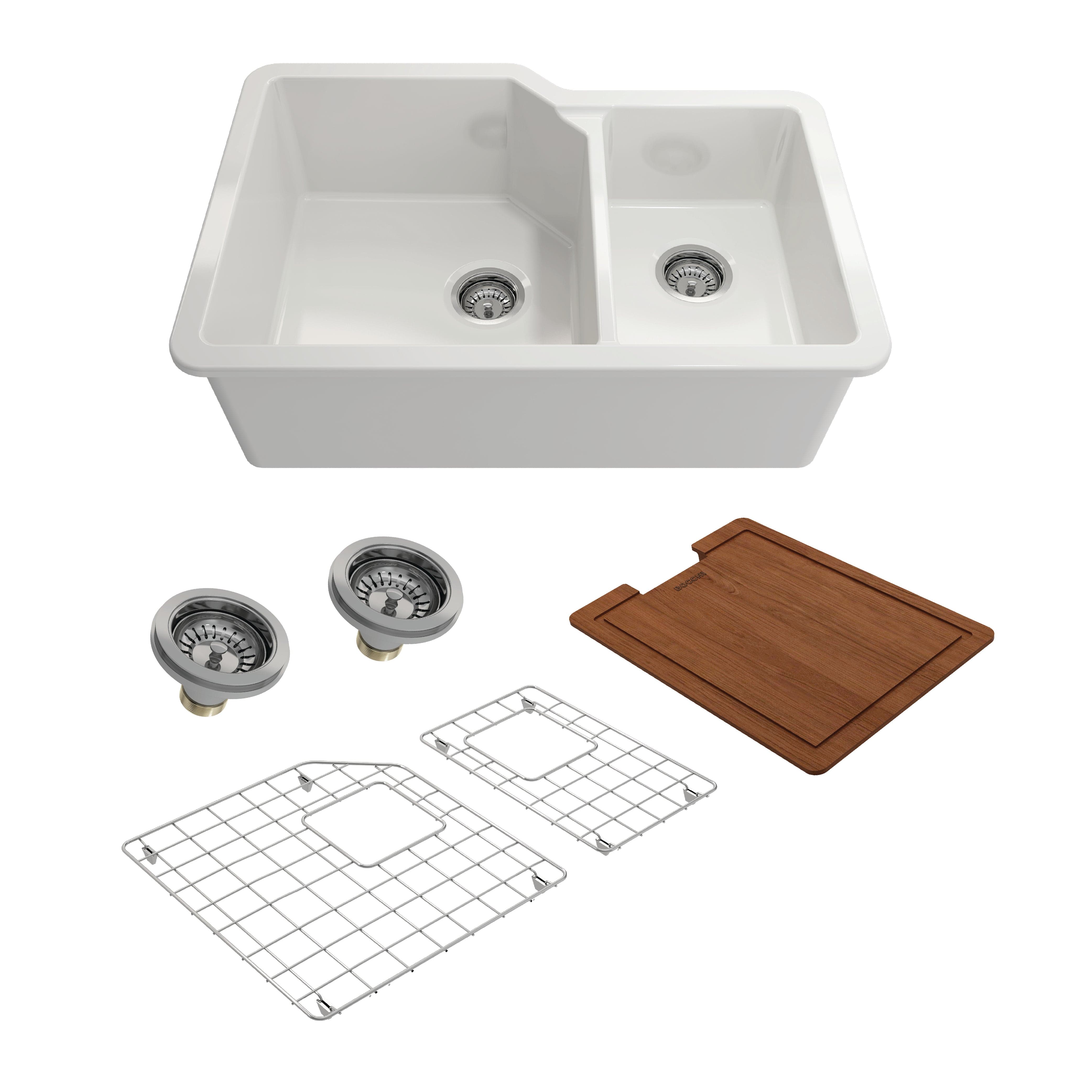 BOCCHI SOTTO 33" Fireclay Kitchen Sink Kit with Protective Bottom Grid and Strainer & Select Workstation Accessories