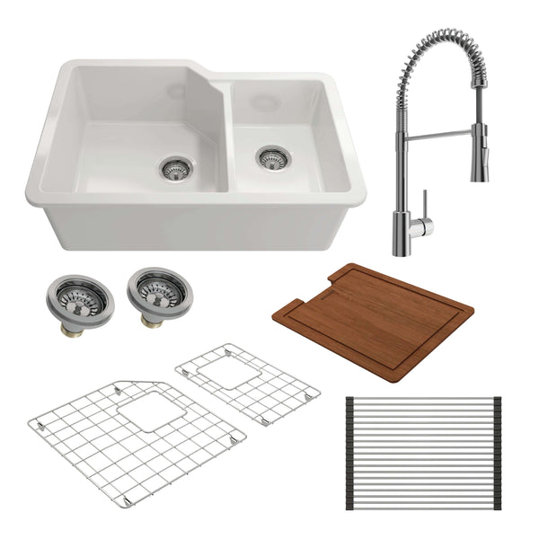 BOCCHI SOTTO 33 Fireclay Kitchen Sink with Protective Bottom Grid and Strainer & Select Workstation Accessories with Livenza 2.0 Faucet