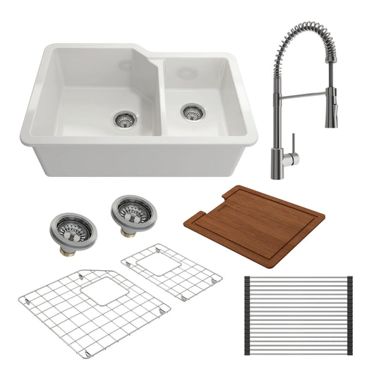 BOCCHI SOTTO 33" Fireclay Kitchen Sink with Protective Bottom Grid and Strainer & Select Workstation Accessories with Livenza 2.0 Faucet