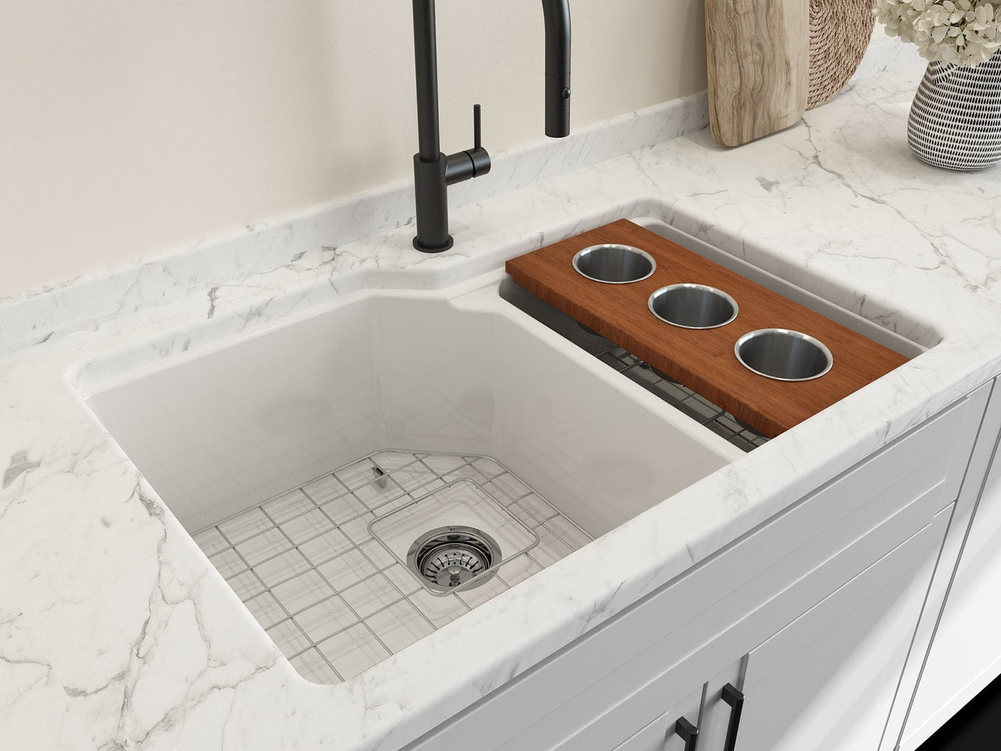 BOCCHI Prep Board Set for Workstation Sinks with 3 Round Stainless Steel Bowls 2320 0011 on a modern kitchen sink.
