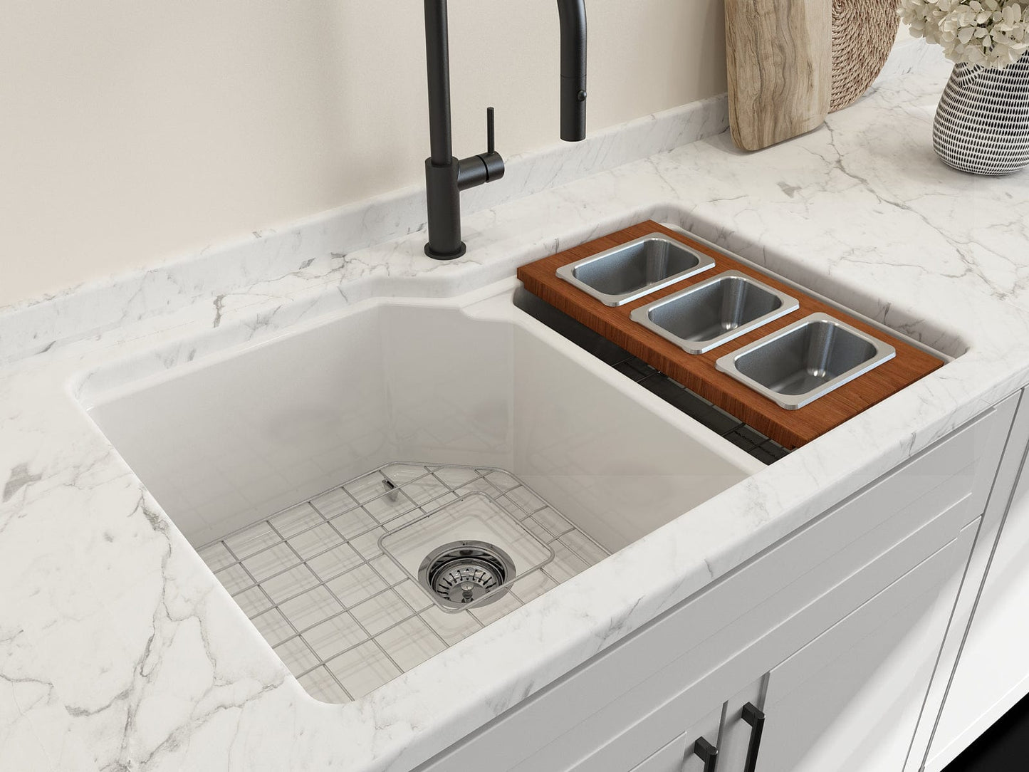 Bocchi Wood Board for Workstation Sinks - with 3 Rectangular Stainless Steel Bowls - 2320 0013 installed in a modern kitchen sink.