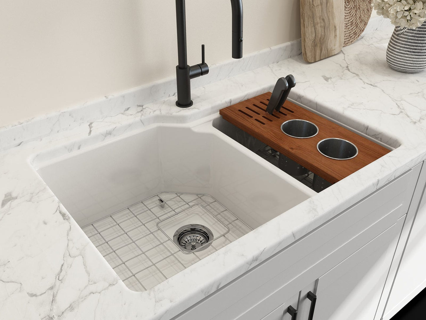 BOCCHI Workstation Prep Board Set - 2 Round Stainless Steel Colanders & Knife Holder 2320 0009 shown with wooden knife holder in counter sink.