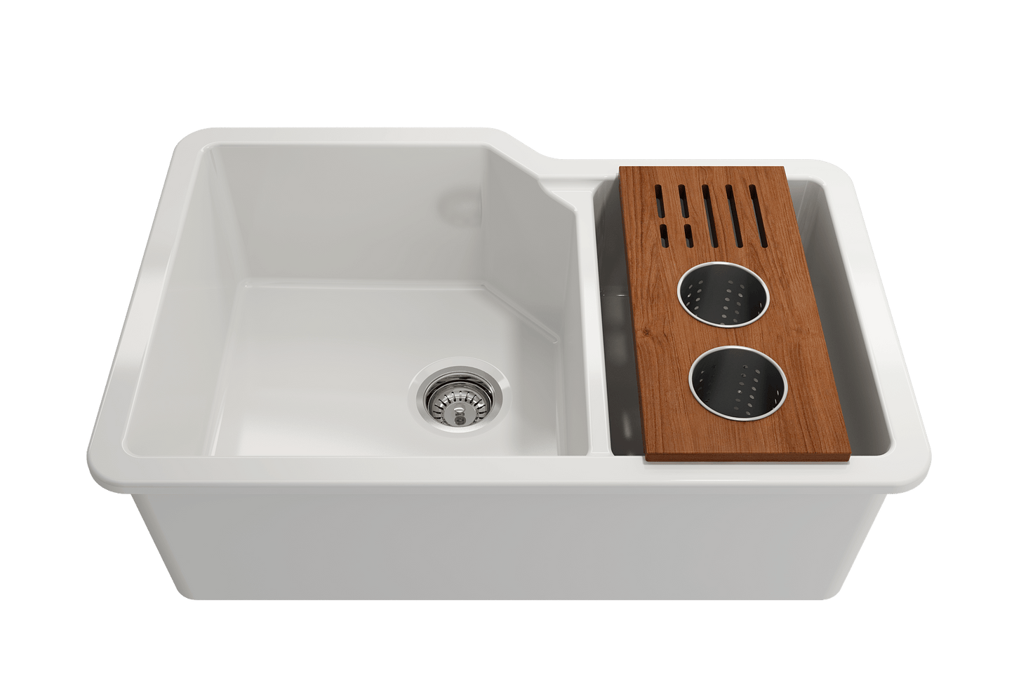 BOCCHI Workstation Prep Board Set - 2 Round Stainless Steel Colanders & Knife Holder 2320 0009 with white sink and wooden board.