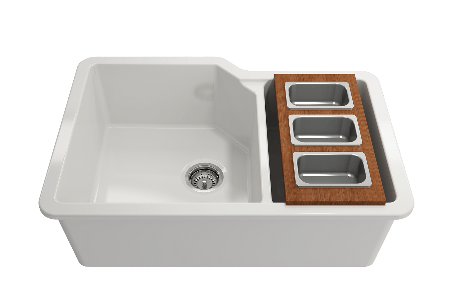 Bocchi Wood Board for Workstation Sinks - with 3 Rectangular Stainless Steel Bowls - 2320 0013 on modern sink.