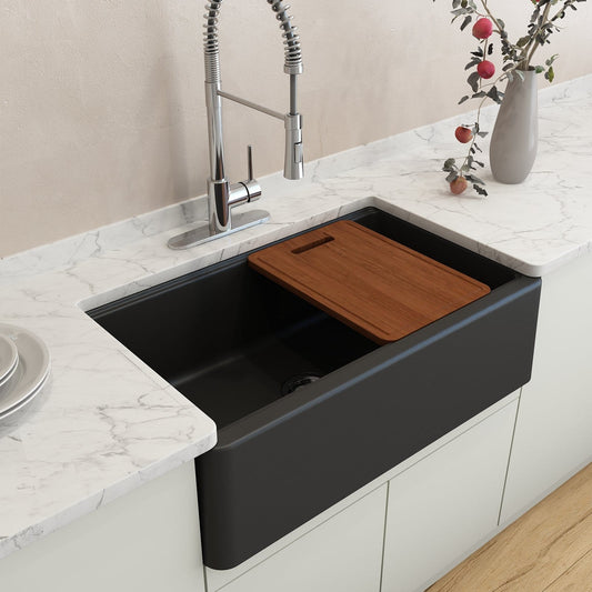 BOCCHI ARONA 33" Single Bowl Granite Kitchen Sink with Integrated Workstation and Accessories in matte black with wood cutting board.