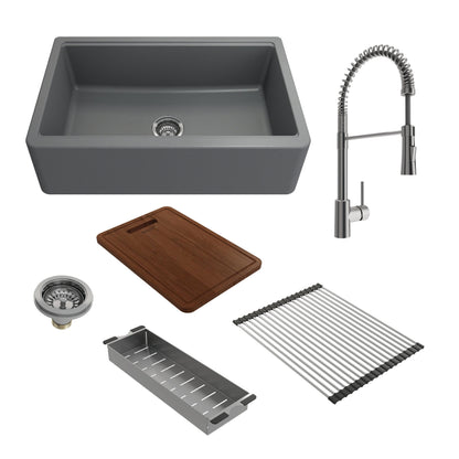 BOCCHI ARONA 33" Concrete Gray Granite Workstation Sink w/ Accessories & Livenza Faucet, featuring accessories like a cutting board, drain, and rack.