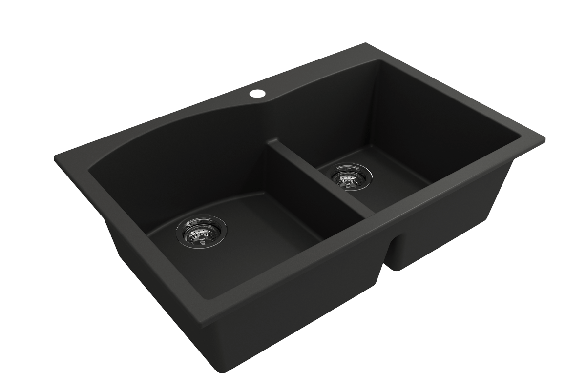 BOCCHI CAMPINO DUO 33" Dual Mount 60/40 Double Bowl Granite Kitchen Sink with Strainers in sleek black finish, top view.