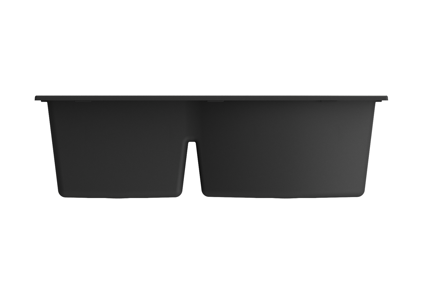 Front view of BOCCHI CAMPINO DUO 33" Dual Mount 60/40 Double Bowl Granite Kitchen Sink with Strainers in sleek black finish.