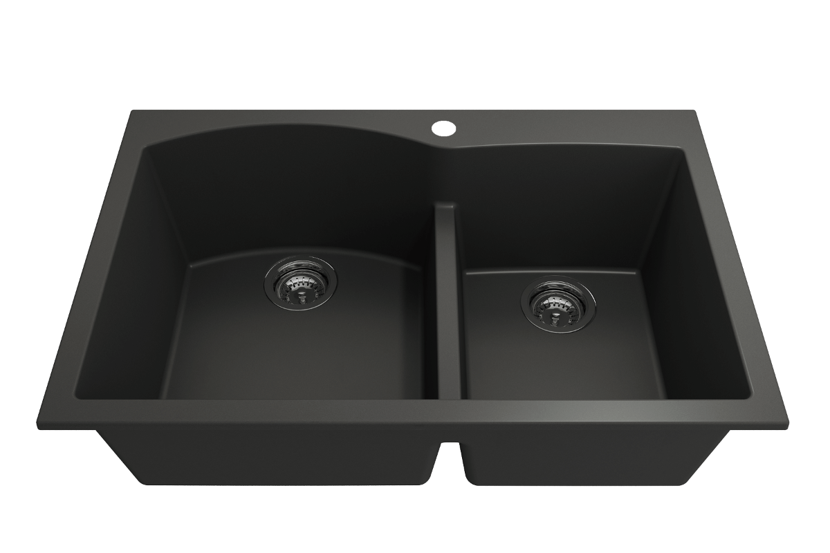 BOCCHI CAMPINO DUO 33" Dual Mount 60/40 Double Bowl Granite Kitchen Sink with Strainers in matte black top view.