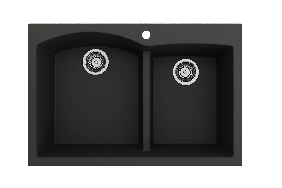 BOCCHI CAMPINO DUO 33" Dual Mount 60/40 Double Bowl Granite Kitchen Sink with Strainers in black finish, top view.