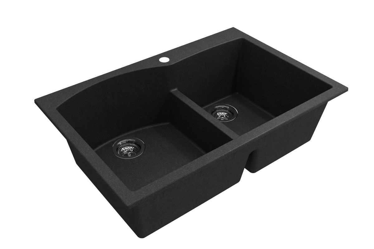 BOCCHI CAMPINO DUO 33" Dual Mount 60/40 Double Bowl Granite Kitchen Sink with Strainers in matte black finish, right side view