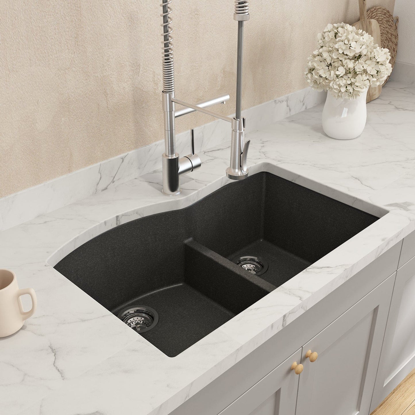 BOCCHI CAMPINO DUO 33" Dual Mount 60/40 Double Bowl Granite Kitchen Sink with Strainers in elegant black granite finish.