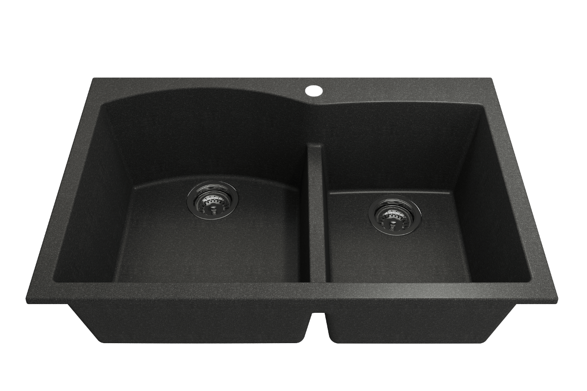 BOCCHI CAMPINO DUO 33" Dual Mount 60/40 Double Bowl Granite Kitchen Sink with Strainers, top view, black finish.